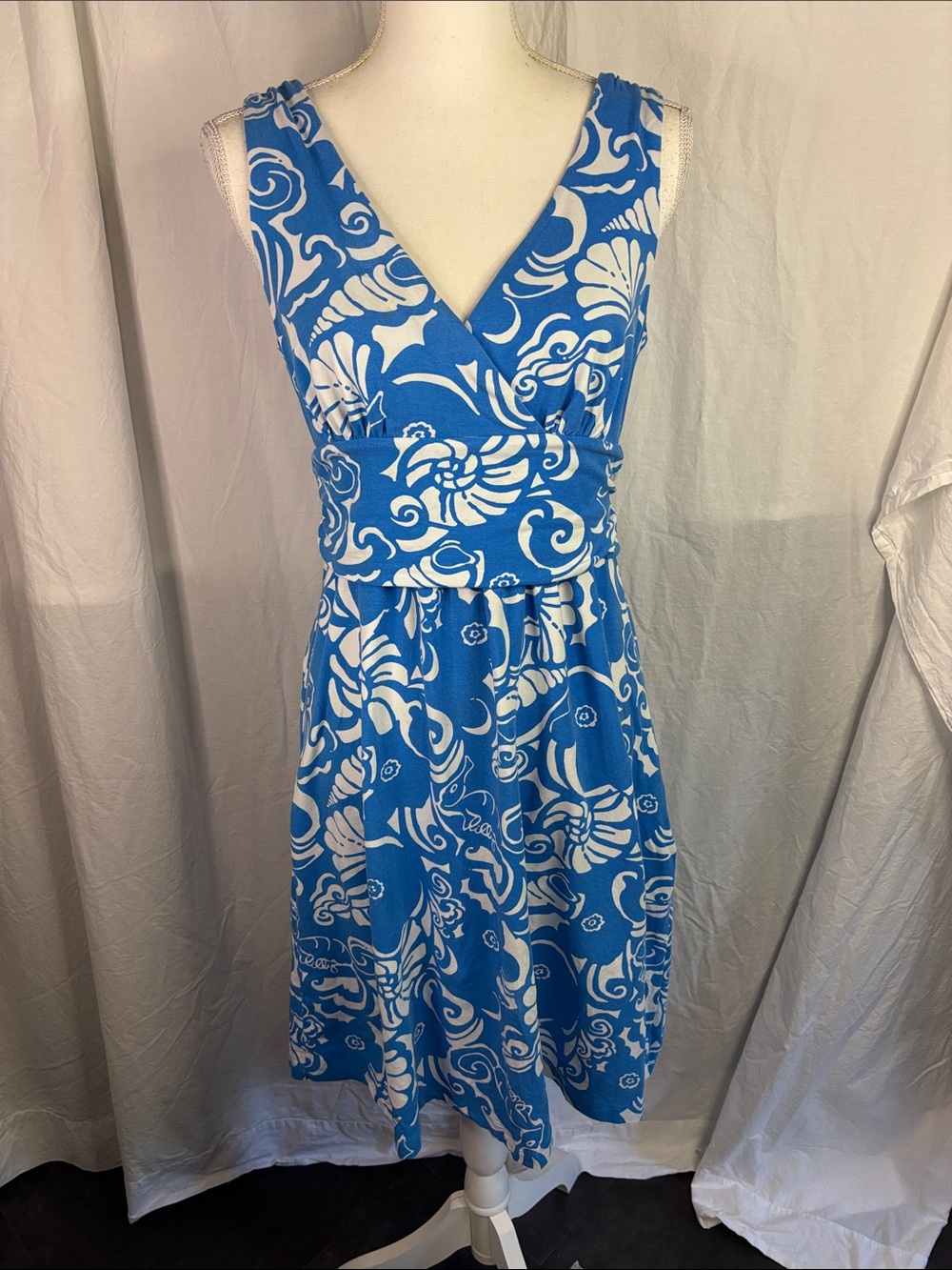 Lilly Pulitzer Blue & White Floral V-Neck Summer Dress Size Large